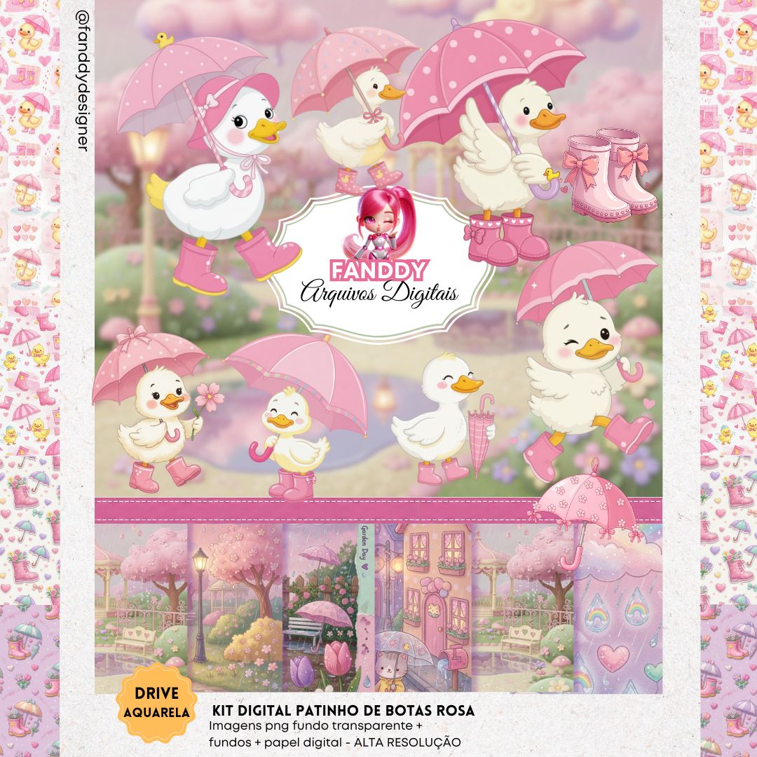 Kit Digital - Patinho De Botas Rosa E Branco